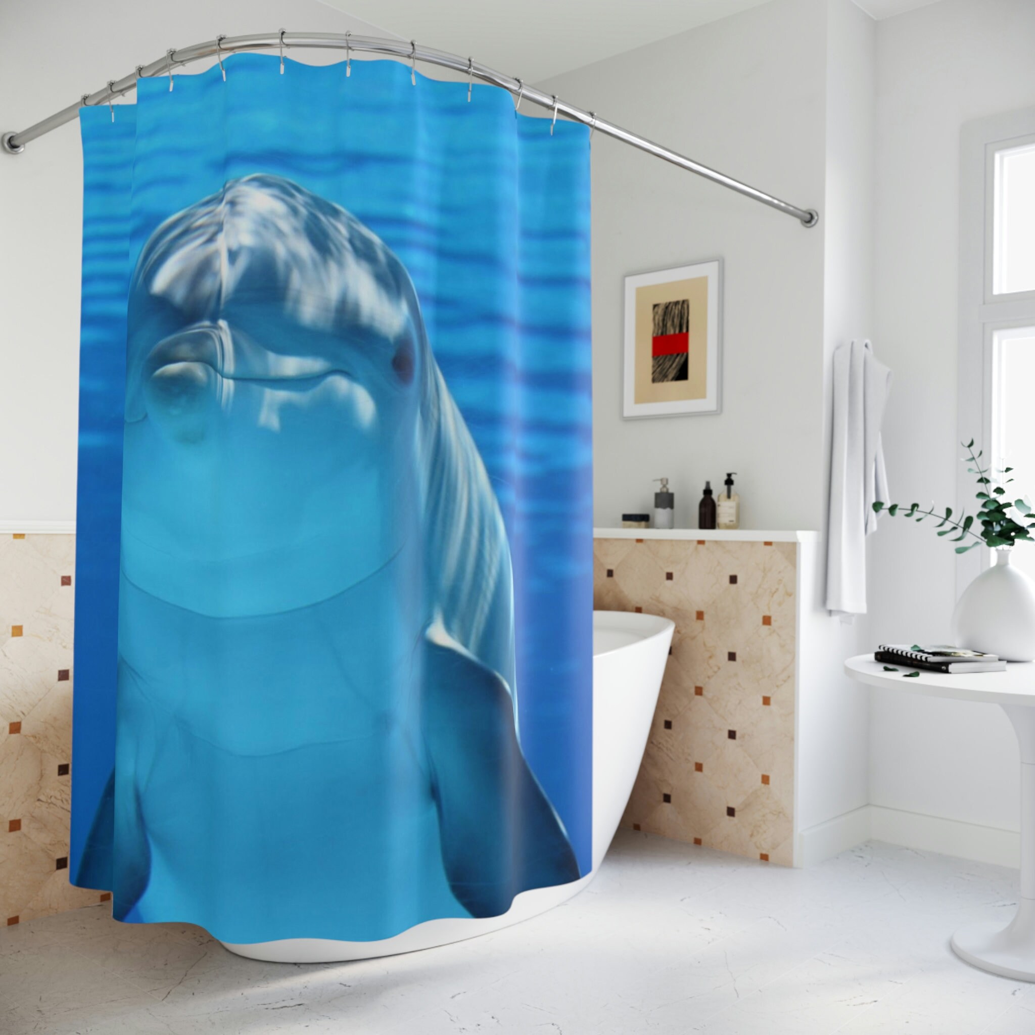 Dolphin Shower Curtain, Playful Blue Design Bluefink