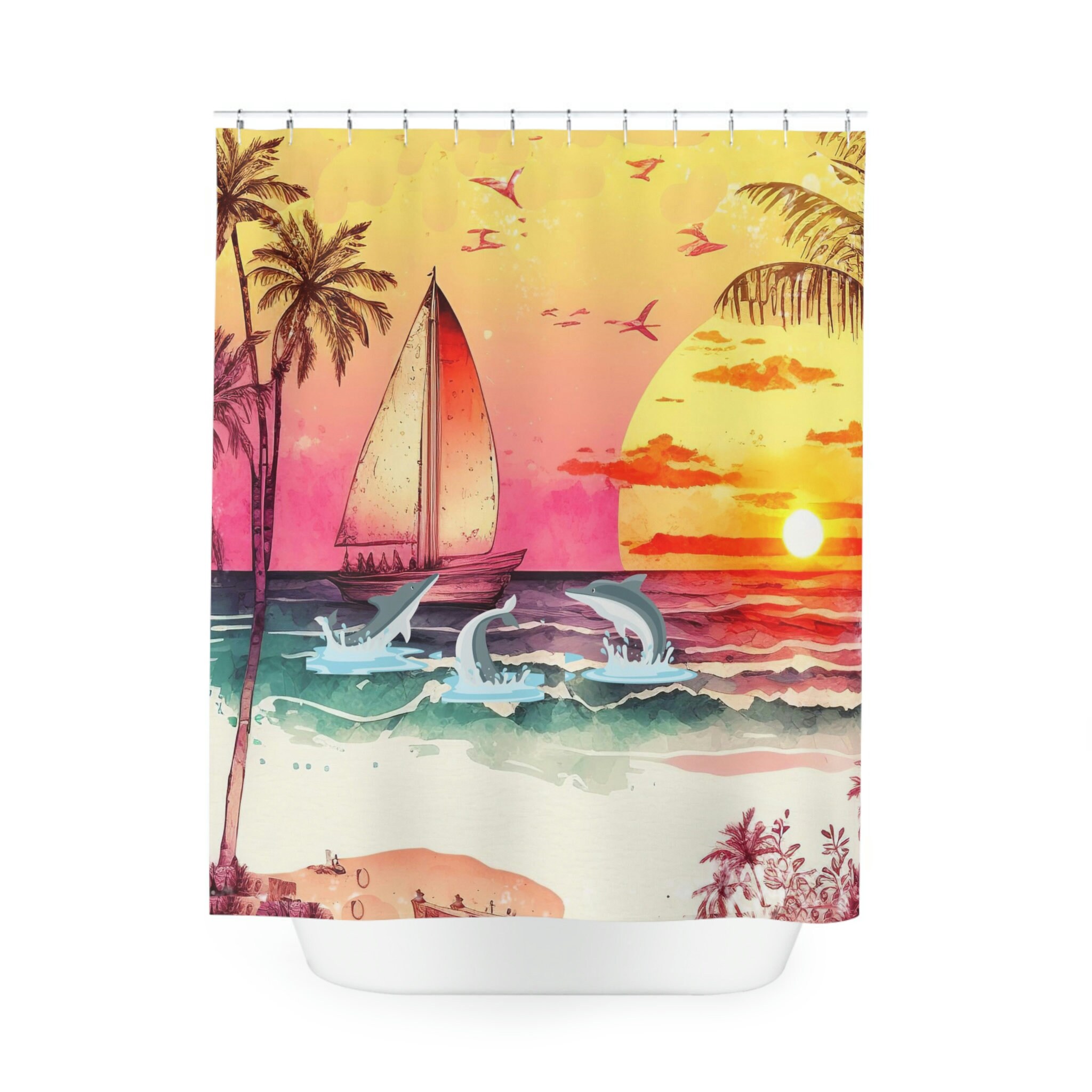 Dolphins Sunset Beach Shower Curtain for Bathroom Decor