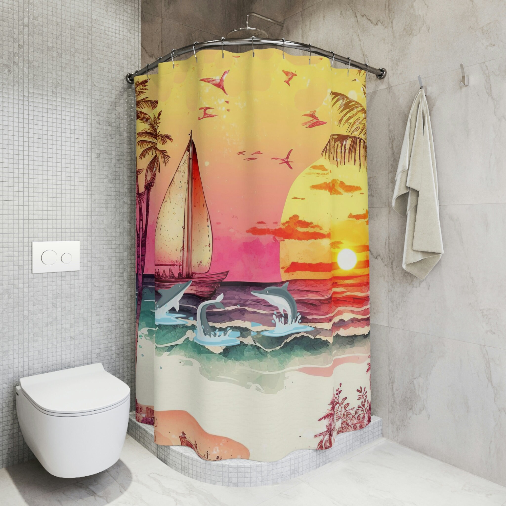 Dolphins Sunset Beach Shower Curtain for Bathroom Decor