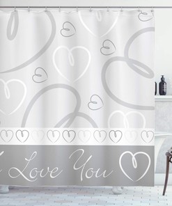 Doodle Heart Shapes Shower Curtain, Hand Drawn Romantic I Love You Pattern for Bathroom Decor, Pale Grey and White Cloth Fabric