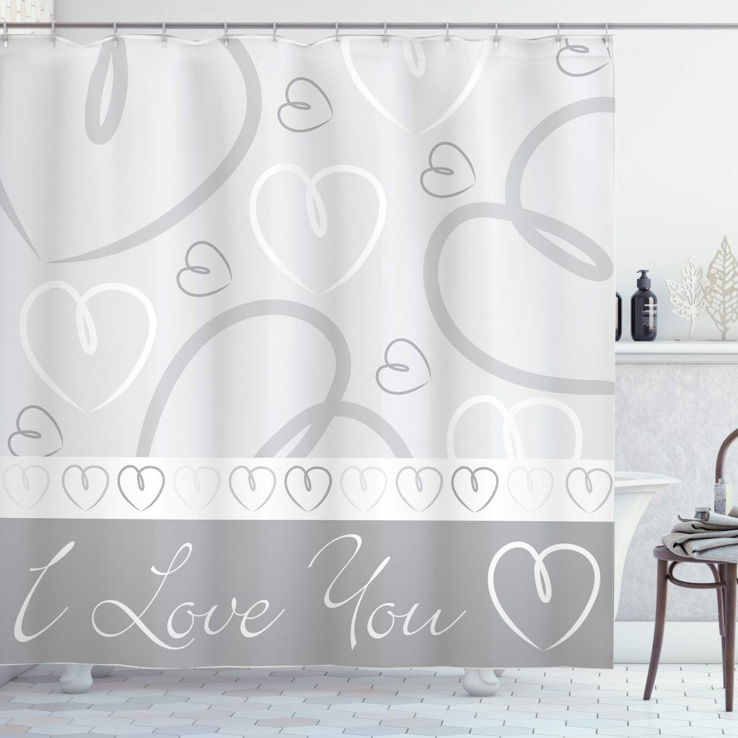 Doodle Heart Shapes Shower Curtain, Hand Drawn Romantic I Love You Pattern for Bathroom Decor, Pale Grey and White Cloth Fabric