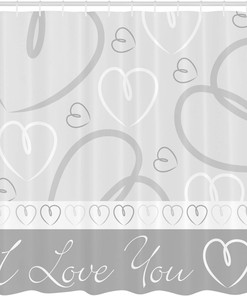Doodle Heart Shapes Shower Curtain, Hand Drawn Romantic I Love You Pattern for Bathroom Decor, Pale Grey and White Cloth Fabric