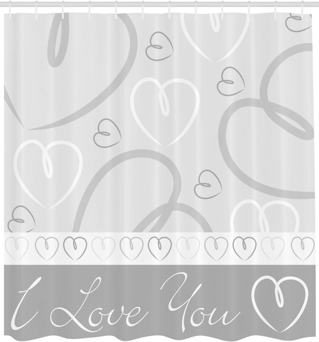 Doodle Heart Shapes Shower Curtain, Hand Drawn Romantic I Love You Pattern for Bathroom Decor, Pale Grey and White Cloth Fabric