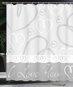 Doodle Heart Shapes Shower Curtain, Hand Drawn Romantic I Love You Pattern for Bathroom Decor, Pale Grey and White Cloth Fabric