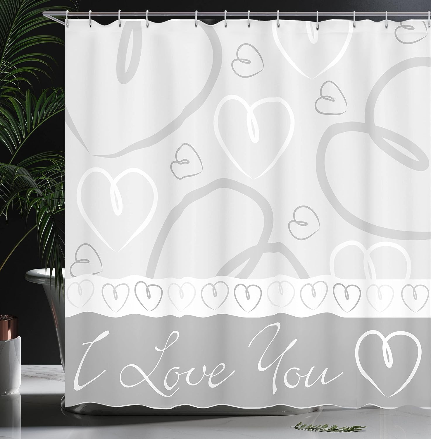 Doodle Heart Shapes Shower Curtain, Hand Drawn Romantic I Love You Pattern for Bathroom Decor, Pale Grey and White Cloth Fabric