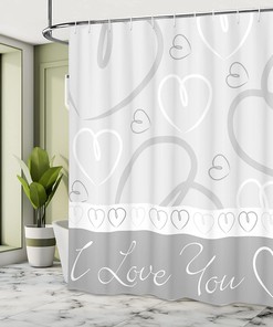 Doodle Heart Shapes Shower Curtain, Hand Drawn Romantic I Love You Pattern for Bathroom Decor, Pale Grey and White Cloth Fabric
