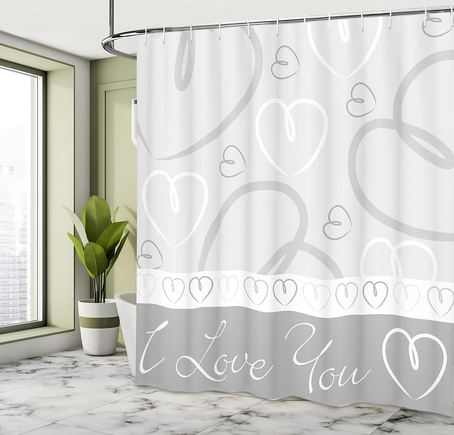 Doodle Heart Shapes Shower Curtain, Hand Drawn Romantic I Love You Pattern for Bathroom Decor, Pale Grey and White Cloth Fabric