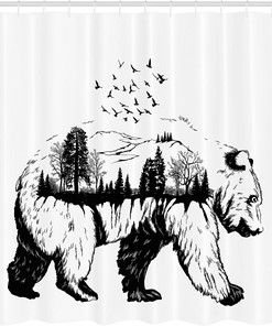 Double Exposure Bear Shower Curtain, Hand Drawn Forest Trees Flying Birds Concept Artwork Print for Bathroom Décor