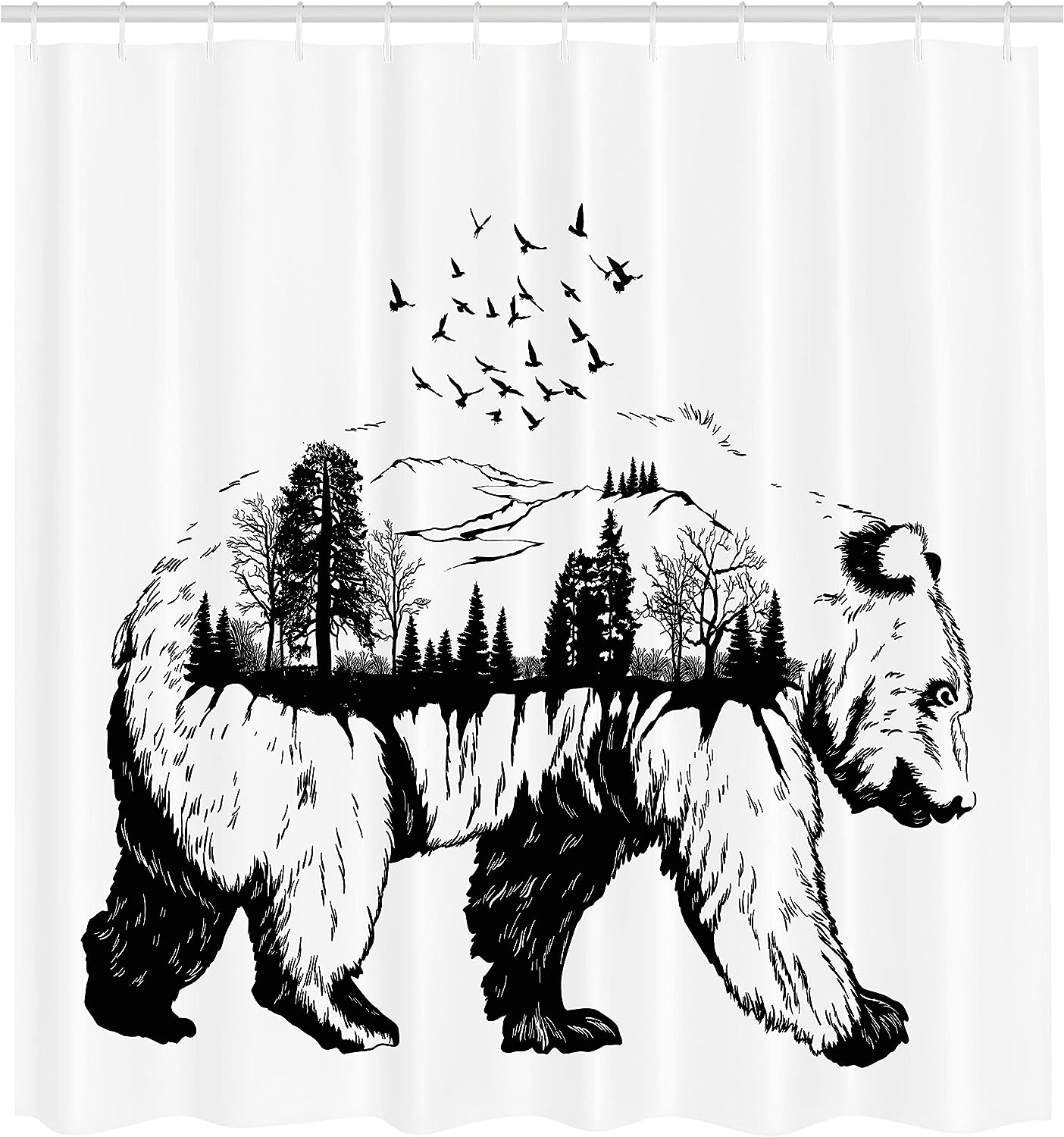 Double Exposure Bear Shower Curtain, Hand Drawn Forest Trees Flying Birds Concept Artwork Print for Bathroom Décor