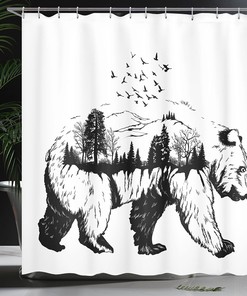 Double Exposure Bear Shower Curtain, Hand Drawn Forest Trees Flying Birds Concept Artwork Print for Bathroom Décor