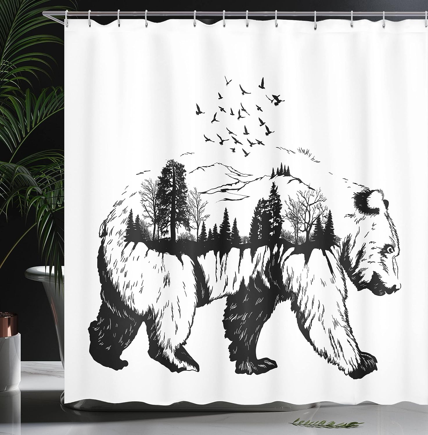 Double Exposure Bear Shower Curtain, Hand Drawn Forest Trees Flying Birds Concept Artwork Print for Bathroom Décor