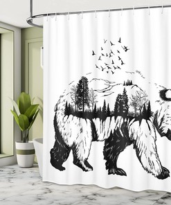 Double Exposure Bear Shower Curtain, Hand Drawn Forest Trees Flying Birds Concept Artwork Print for Bathroom Décor