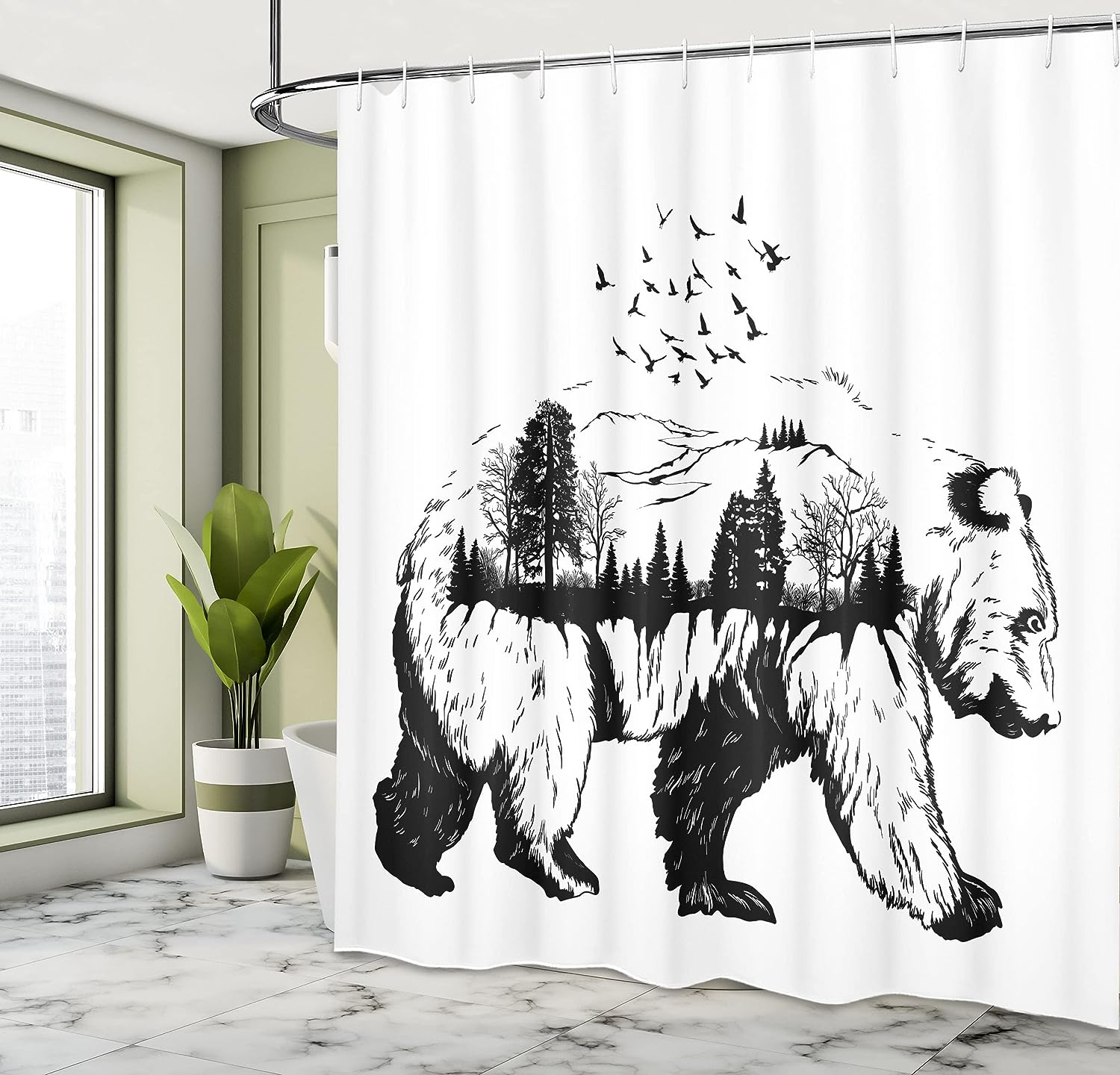 Double Exposure Bear Shower Curtain, Hand Drawn Forest Trees Flying Birds Concept Artwork Print for Bathroom Décor