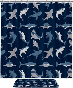 Double Glide Shower Hooks Shower Curtain - Blue Ocean Shark Pattern