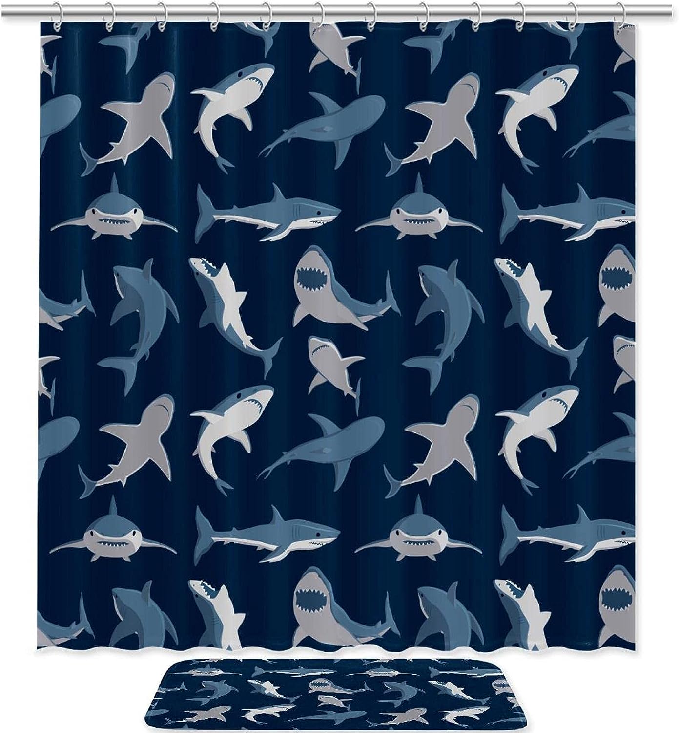 Double Glide Shower Hooks Shower Curtain - Blue Ocean Shark Pattern