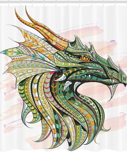 Dragon Shower Curtain, Ornate Effects on Grunge Backdrop Mythical Illustration in White Blush Jade Green Bathroom Decor