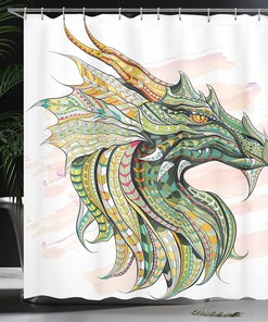 Dragon Shower Curtain, Ornate Effects on Grunge Backdrop Mythical Illustration in White Blush Jade Green Bathroom Decor