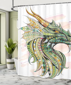 Dragon Shower Curtain, Ornate Effects on Grunge Backdrop Mythical Illustration in White Blush Jade Green Bathroom Decor