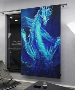 Dragon Window Curtain, Blue Design, Mythical Creature Decor