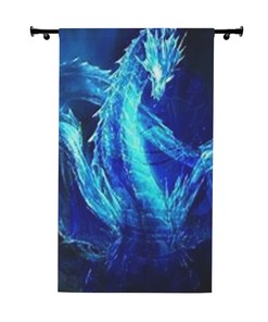 Dragon Window Curtain, Blue Design, Mythical Creature Decor
