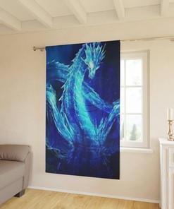 Dragon Window Curtain, Blue Design, Mythical Creature Decor