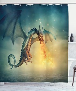 Dragon in The Sky Shower Curtain, Surreal Creature Design for Home Bathroom Decor