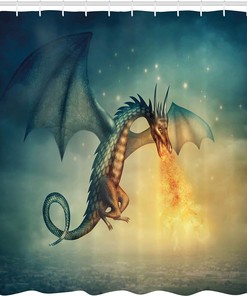Dragon in The Sky Shower Curtain, Surreal Creature Design for Home Bathroom Decor