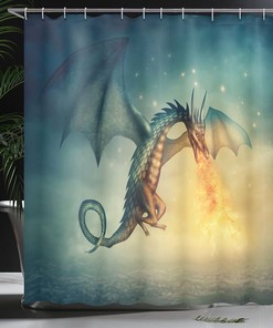 Dragon in The Sky Shower Curtain, Surreal Creature Design for Home Bathroom Decor