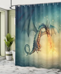Dragon in The Sky Shower Curtain, Surreal Creature Design for Home Bathroom Decor