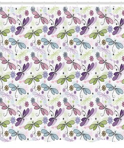 Dragonflies Flowers Print Abstract Shower Curtain for Serene Bathroom Decor