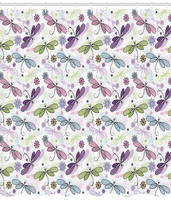 Dragonflies Flowers Print Abstract Shower Curtain for Serene Bathroom Decor