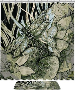 Dragonfly Lotus Waterproof Shower Curtain for Zen Bathroom Decor