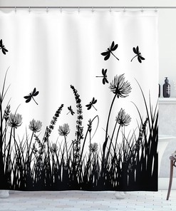 Dragonfly Meadow Silhouette Nature Shower Curtain Black White Bathroom Decor