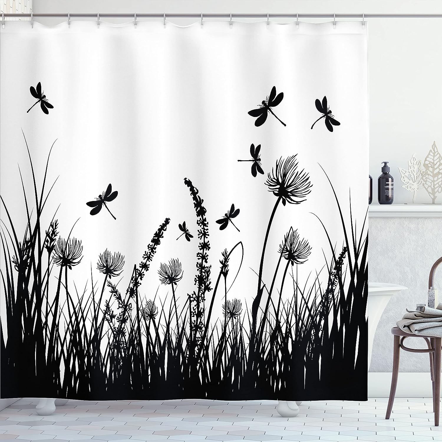 Dragonfly Meadow Silhouette Nature Shower Curtain Black White Bathroom Decor