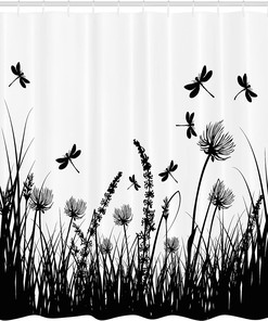 Dragonfly Meadow Silhouette Nature Shower Curtain Black White Bathroom Decor