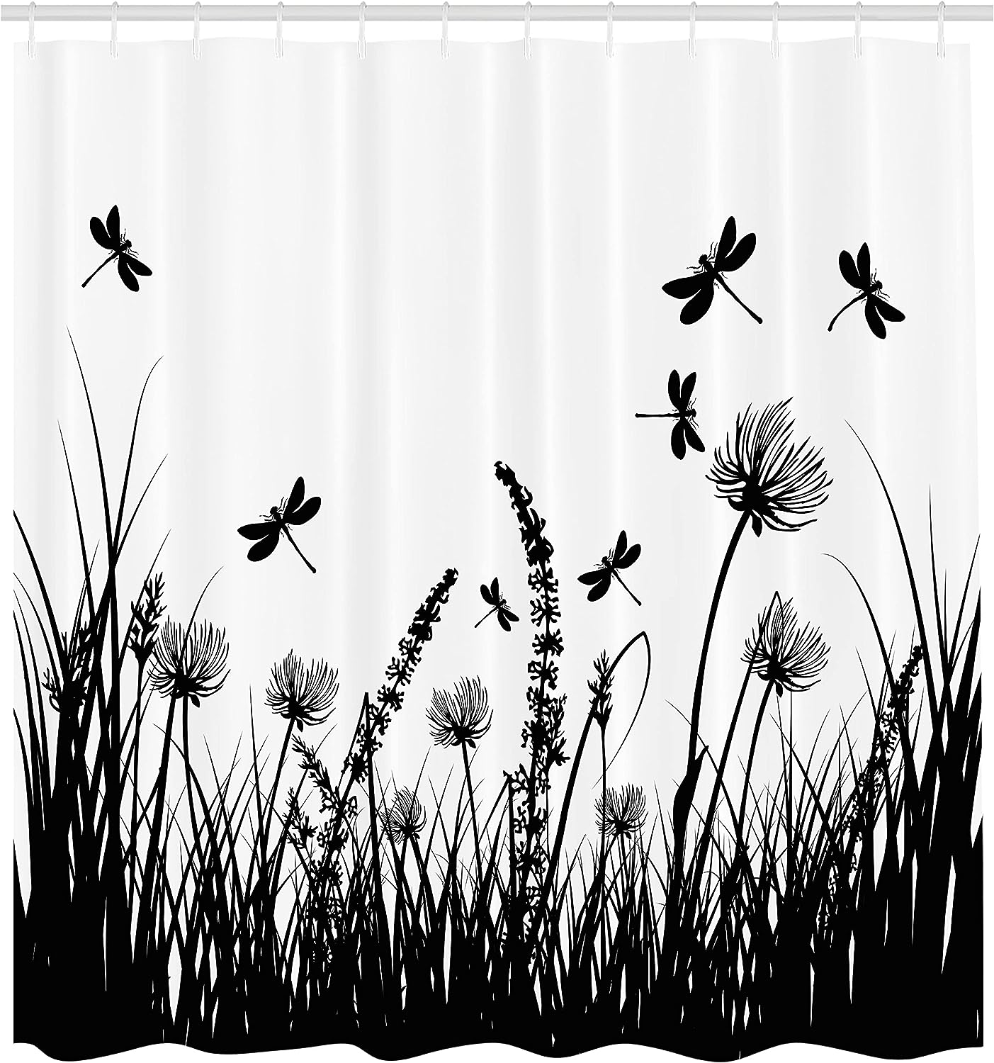 Dragonfly Meadow Silhouette Nature Shower Curtain Black White Bathroom Decor