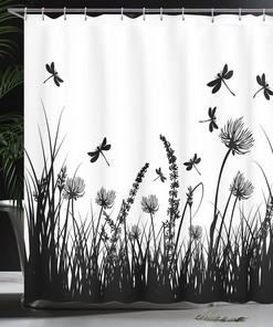 Dragonfly Meadow Silhouette Nature Shower Curtain Black White Bathroom Decor