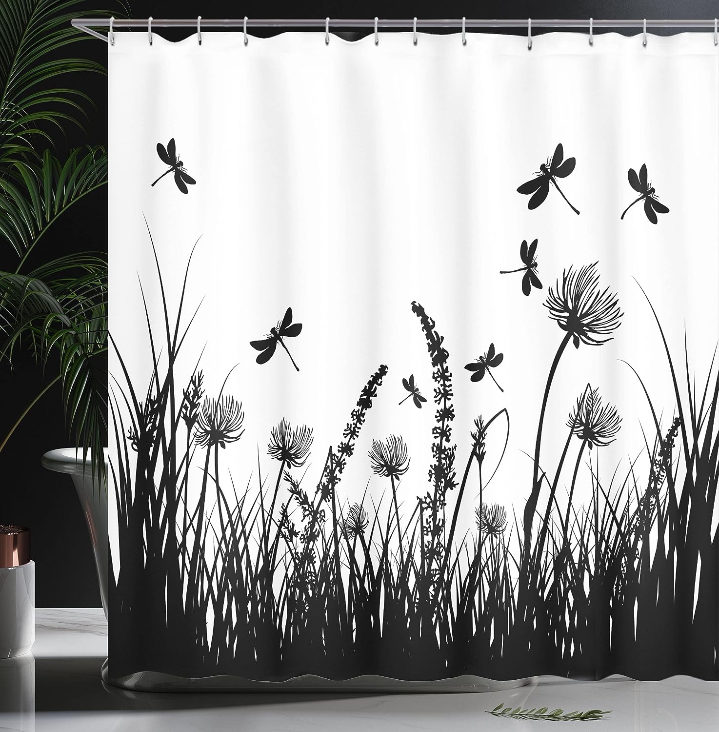 Dragonfly Meadow Silhouette Nature Shower Curtain Black White Bathroom Decor