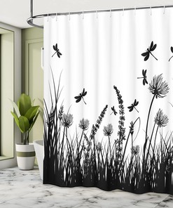 Dragonfly Meadow Silhouette Nature Shower Curtain Black White Bathroom Decor