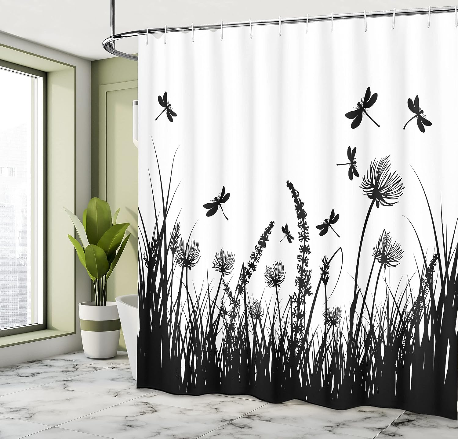 Dragonfly Meadow Silhouette Nature Shower Curtain Black White Bathroom Decor