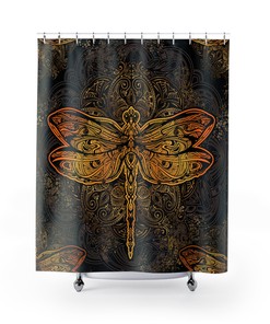 Dragonfly Print Black Shower Curtain for Nature-Inspired Bathroom Decor