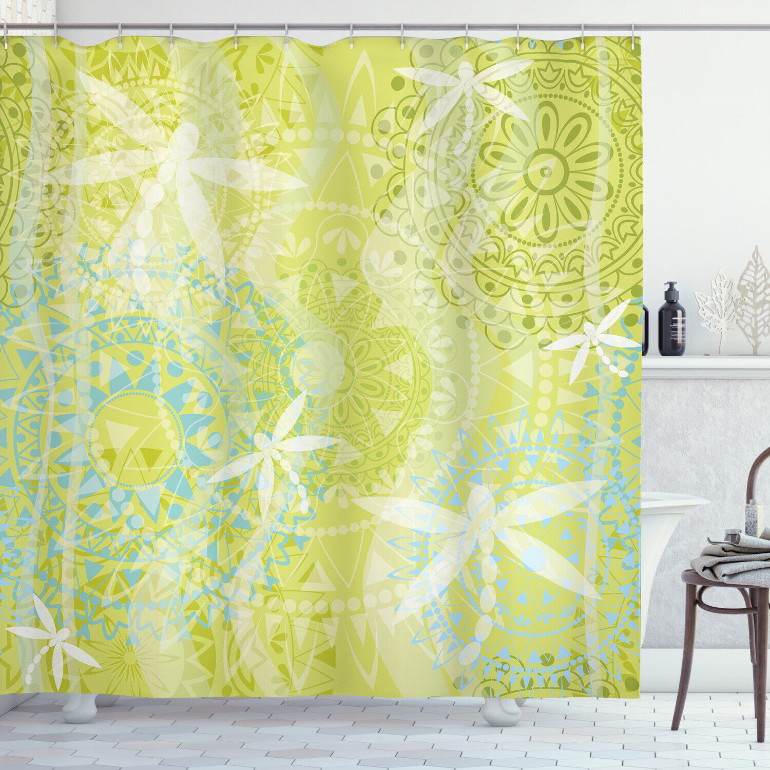 Dragonfly over Mandala Animal Print Shower Curtain for Boho Bathroom Decor