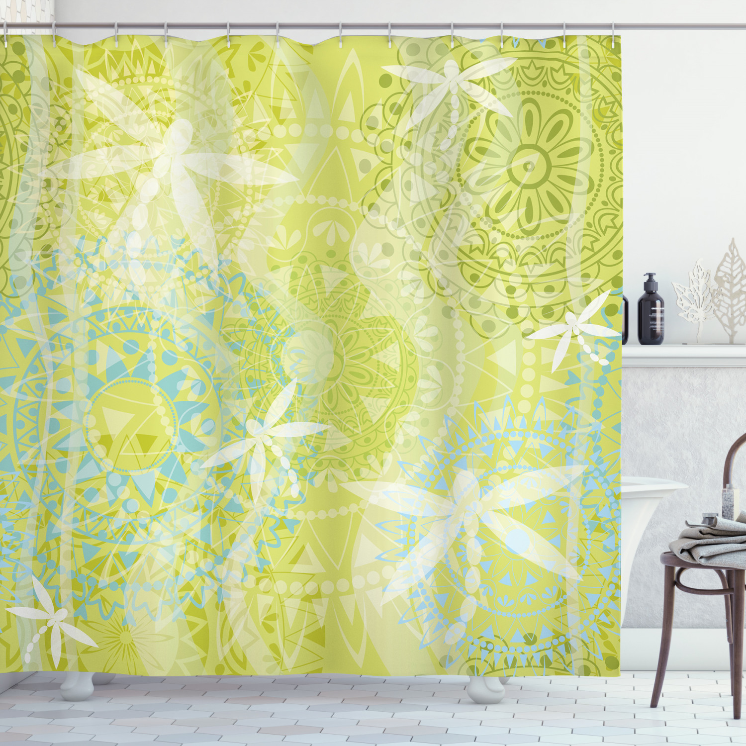 Dragonfly over Mandala Animal Print Shower Curtain for Boho Bathroom Decor