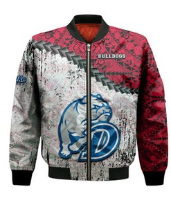 Drake Bulldogs Bomber Jacket Grunge Polynesian Tattoo- NCAA