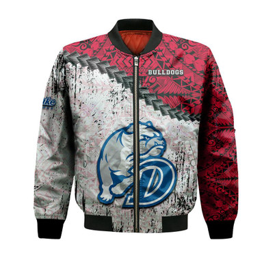 Drake Bulldogs Bomber Jacket Grunge Polynesian Tattoo- NCAA