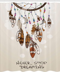 Dreamcatcher Feather Shower Curtain, Never Stop Dreaming Typography Cartoonish Style for Bathroom Decor, Beige and Brown