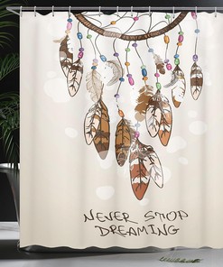 Dreamcatcher Feather Shower Curtain, Never Stop Dreaming Typography Cartoonish Style for Bathroom Decor, Beige and Brown