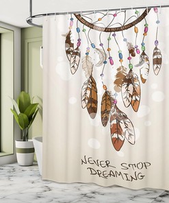 Dreamcatcher Feather Shower Curtain, Never Stop Dreaming Typography Cartoonish Style for Bathroom Decor, Beige and Brown