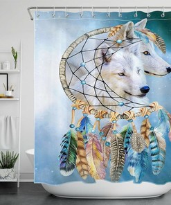 Dreamcatcher White Wolf Shower Curtain for Bohemian Bathroom Decor