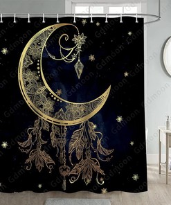 Dreamy Boho Gold Moon Shower Curtain with Celestial Mandala and Starry Sky Design - Bathroom Decor